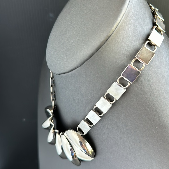 VTG Modernist Chrome Necklace Chunky Bookchain Statement Tribal - Picture 5 of 7